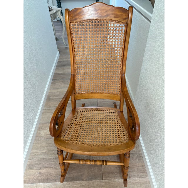 Victorian Vintage Solid Maple Wood Bentwood Cane Rocking Chair For Sale - Image 3 of 11