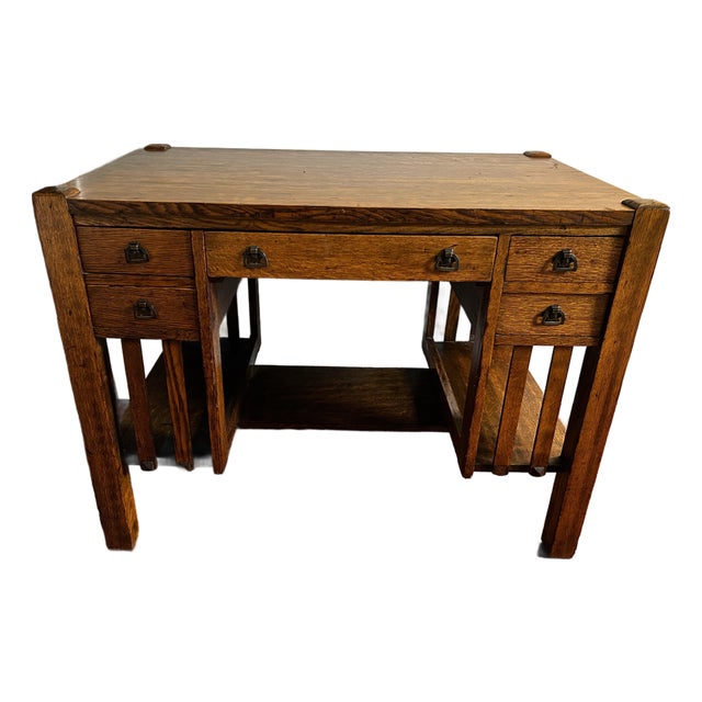 Antique Mission Style Five Drawer Oak Writing Desk by Bourn & Hadley Co. For Sale