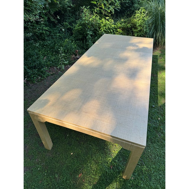 Tan Vintage Mid Century Lacquered Grasscloth Dining Table With Extension Leaves For Sale - Image 8 of 9