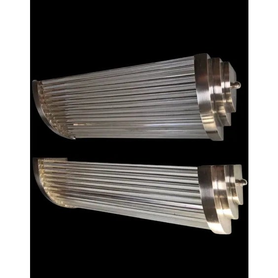 1940s Pair Vintage 1940s Skyscraper Art Deco Wall Sconces Fixtures in Nickel Brass & Glass Rod Ship Light For Sale - Image 5 of 5