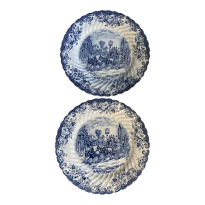 1980s Johnson Brothers Blue Coaching Scenes Dinner Plates- Set of 2