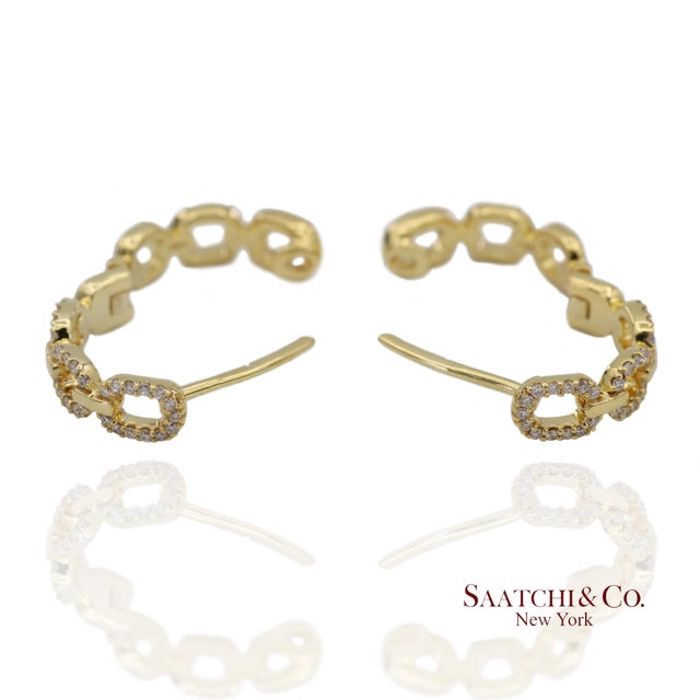 14k(585) Solid Yellow Gold Natural Diamond Link Chain Huggies Earrings, A Pair For Sale In New York - Image 6 of 12