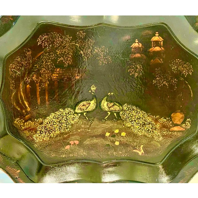 19th C. English Chinoiserie Peacock Design. Painted Tole Tray For Sale - Image 4 of 7