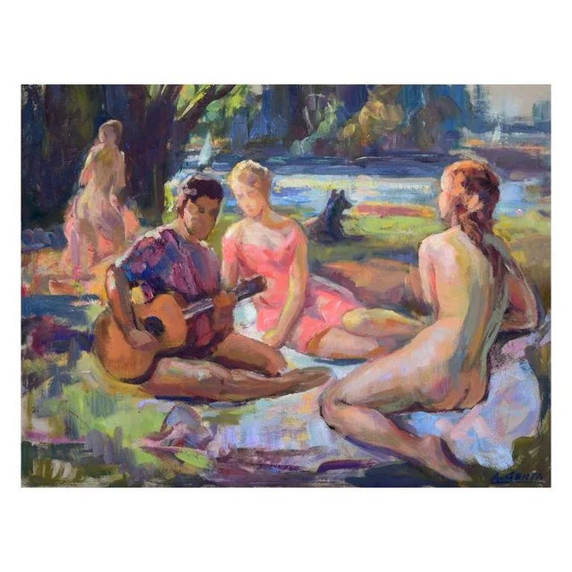 Albert Genta 1930s "Picnic in the Park" Expressionist Style Figurative Oil Painting For Sale - Image 4 of 4