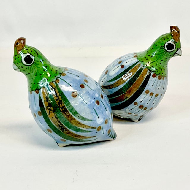 Mexican Cinco De Mayo - 1950s Boho Chic Folk Art Mexican Tonala Hand Painted Pottery Partridges, Artist Signed - A Pair. For Sale - Image 3 of 10