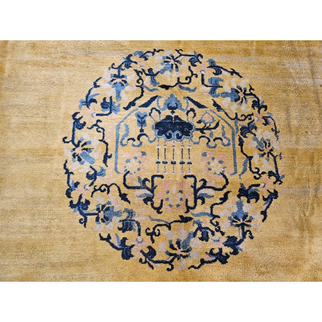 Antique Chinese Peking Rug, Handwoven Ningxia Medallion Pattern, Pale Yellow, 13' X 16' For Sale - Image 14 of 15