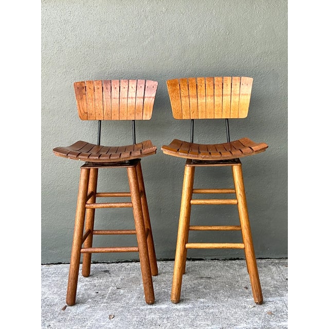 MCM Slat Back Bar Stools After Arthur Umanoff - Pair For Sale - Image 9 of 12