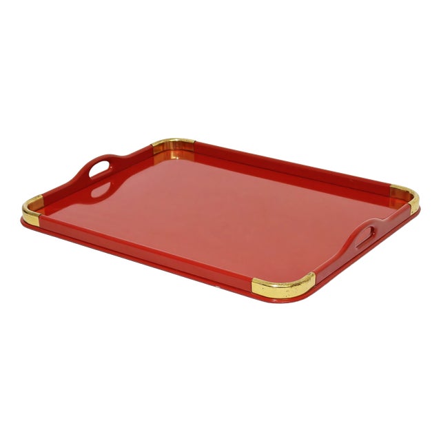 Mid-Century Modern Rectangular Red Lacquered Tray with Brass Corners from Rue Royale, 1960/70 For Sale