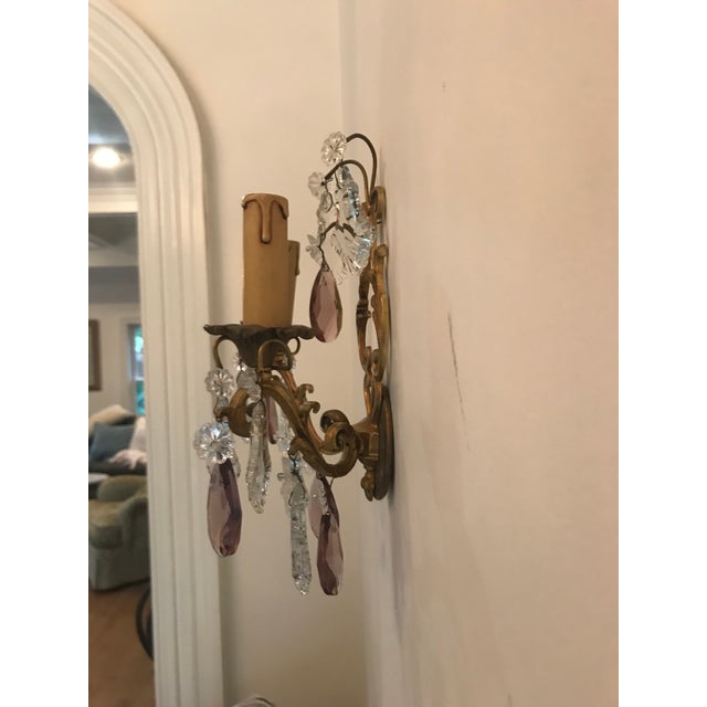 1920s 1920s French 2 Arm Brass Sconces With Clear & Amethyst Crystals - a Pair For Sale - Image 5 of 9