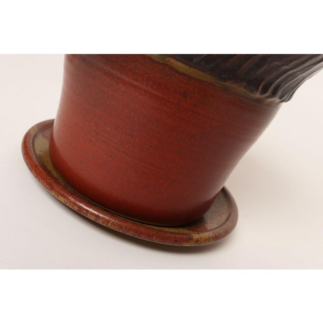 Vintage Crimson and Slate Studio Ceramic Planter With Saucer by Deanna Nichols For Sale - Image 15 of 18