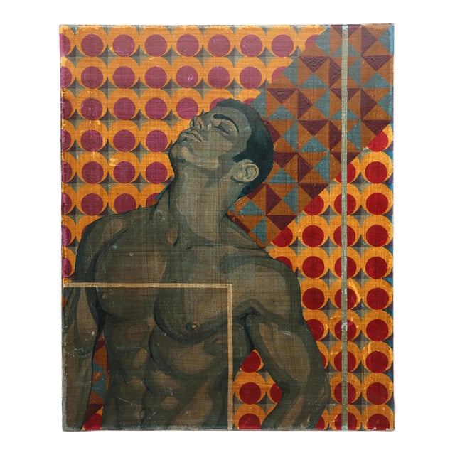 1970s French Semi-Nude Male Mixed Media on Canvas Painting, Unsigned (Gay Subject) For Sale