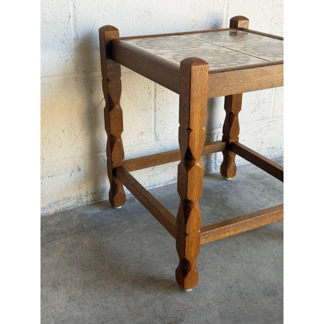 Oak Small Table Patterned Ceramic Tile Top Danish Vintage Accent Side End Table 1970s For Sale - Image 9 of 10