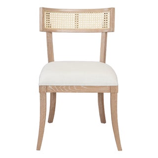 Matthew Izzo Home Britta Cerused Oak Klismos Style Dining Chair With Cane Back and White Linen Upholstered Seat For Sale