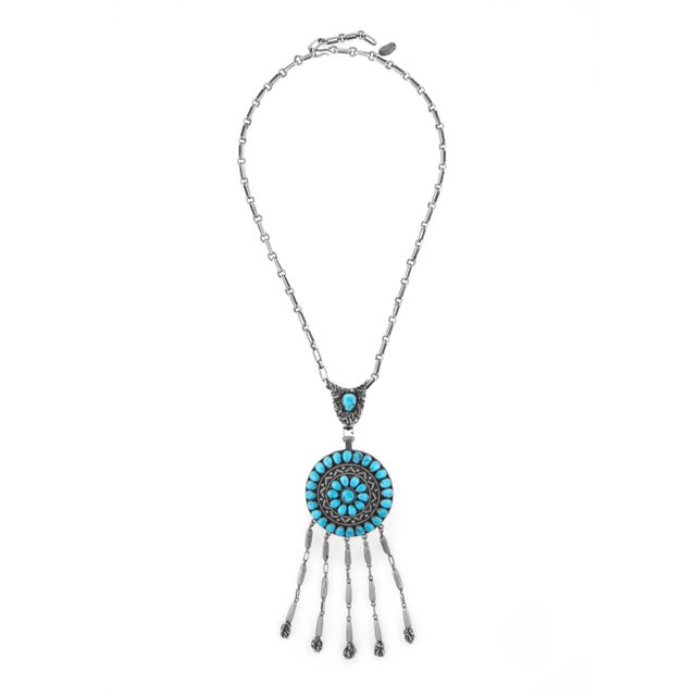 Vintage Zuni Mary & Lee Weebothee Morenci Turquoise Fringe Necklace Movable For Sale - Image 4 of 4