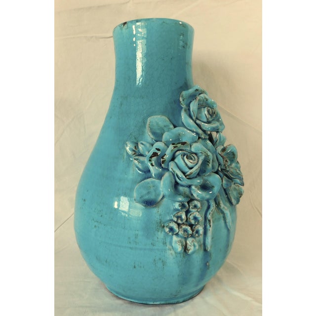 Vintage Artisan Blue Crackle Stoneware Vase With Roses For Sale - Image 4 of 9