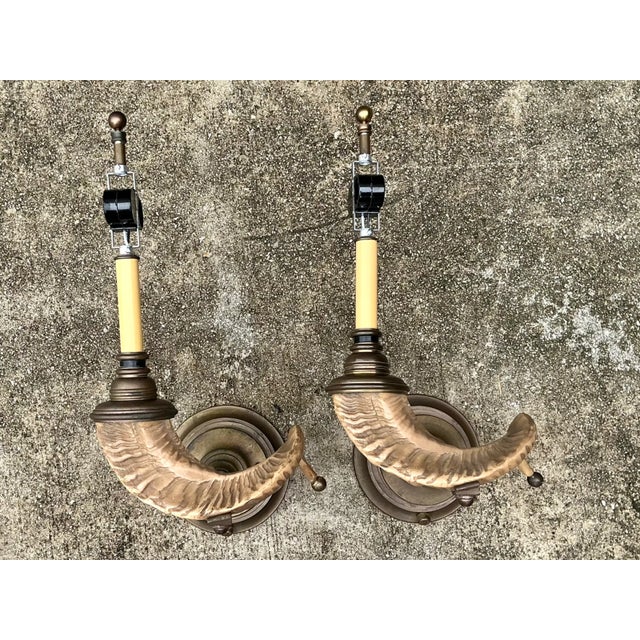 Plastic Vintage Brass Twisted Horn Wall Sconces - Pair For Sale - Image 7 of 12