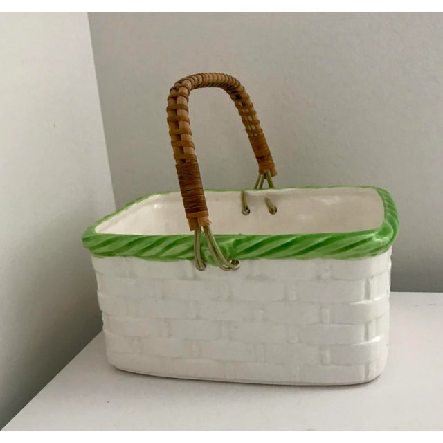 1980s Vintage Shafford White Rectangular Ceramic Woven Basket with Handle Made in Japan For Sale - Image 5 of 12