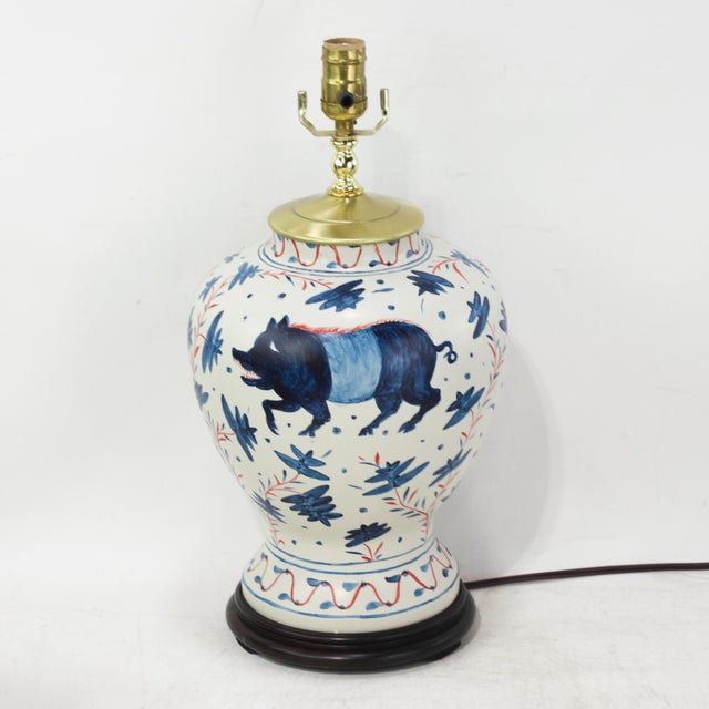 Mediterranean Pair of Vintage Brunschwig & Fils Cadiz Table Lamps - Blue and Cream Ceramic With Boar and Deer Motif For Sale - Image 3 of 15