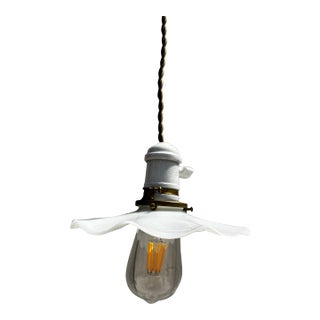 Vintage Knob and Tube Hanging Fixture With Vintage Ruffled Shade For Sale