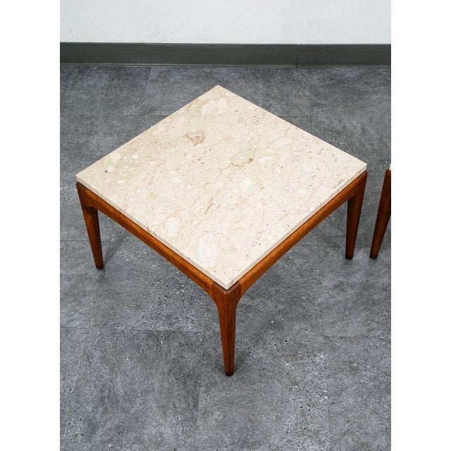 Mid Century Modern End Tables Attributed to Lane Side Nightstand Set Pair Marble Square MCM For Sale - Image 9 of 12