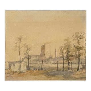 Mill With Masted Ships in a Harbor Original Watercolor For Sale