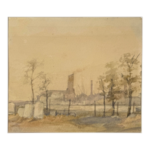 Mill With Masted Ships in a Harbor Original Watercolor