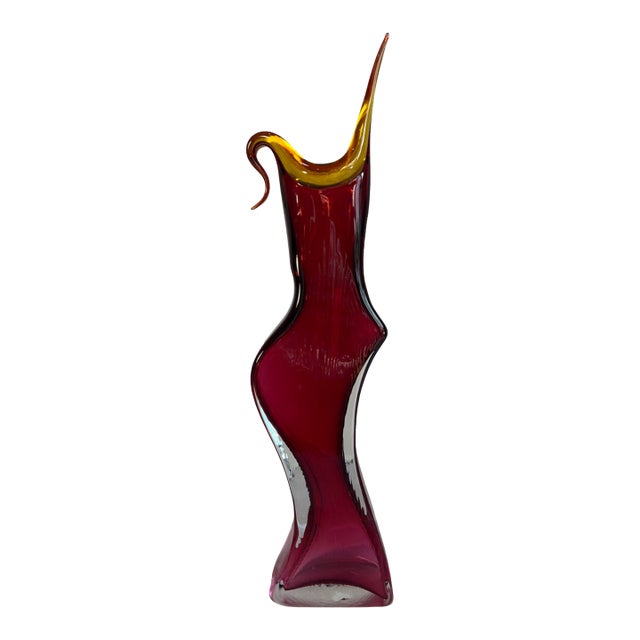20 In. Tall Signed Young & Constantin Ruby Art Glass Hourglass Pulled Lip Vase For Sale