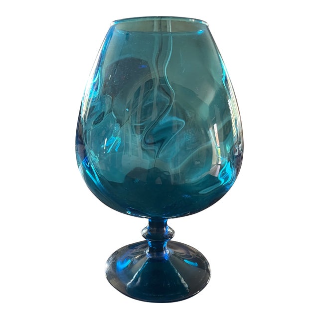 1960s Mid Century Modern Empoli Italian Murano Sapphire Blue Stemmed Brandy Snifter Vase For Sale
