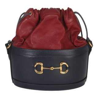 Red Navy Calfskin Horsebit 1955 Drawstring Bucket Bag For Sale