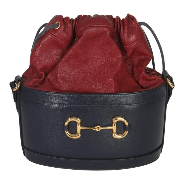 Red Navy Calfskin Horsebit 1955 Drawstring Bucket Bag For Sale