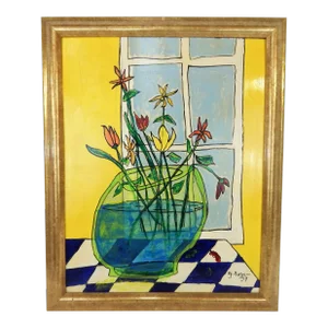 1990s Modern Yellow Floral Still Life Oil Painting by G. Ross, Framed