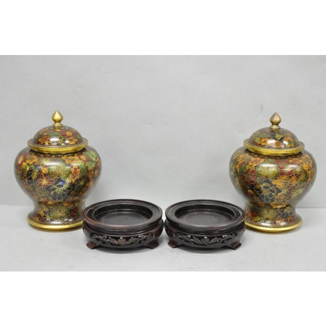 Vintage Cloisonné Chinese Small Enameled Brown Covered Ginger Jar on Stand, Pair For Sale - Image 18 of 18