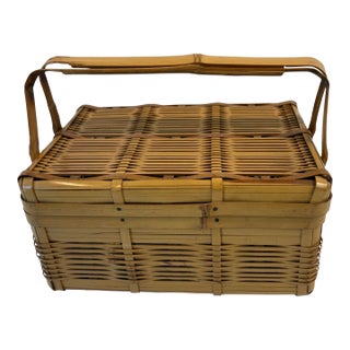 Vintage Boho Bamboo Lidded and Handled Basket For Sale