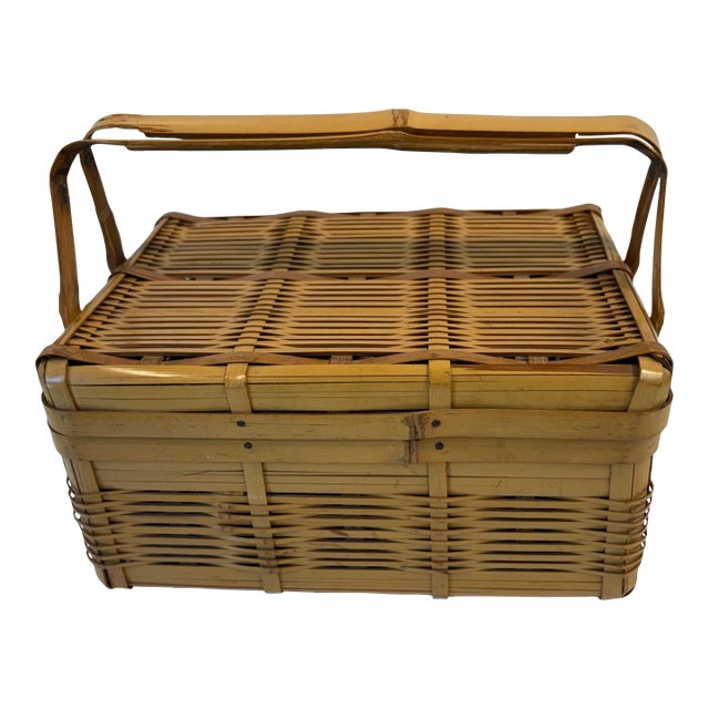 Vintage Boho Bamboo Lidded and Handled Basket For Sale