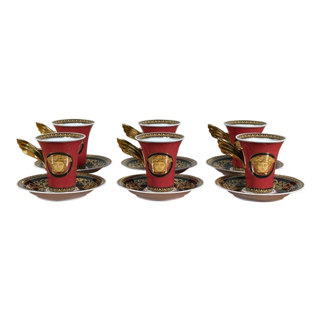 Baroque Versace Medusa Red Espresso Cups and Saucers - Set of 6 For Sale