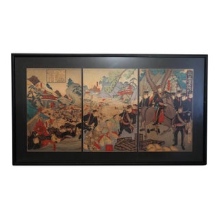Late 19th Century Japanese Utagawa Kunitora II "Imperial Army" Great Victory at Pyeongyang Set of 3 Framed Triptych Ukiyo-E Woodblock Prints For Sale