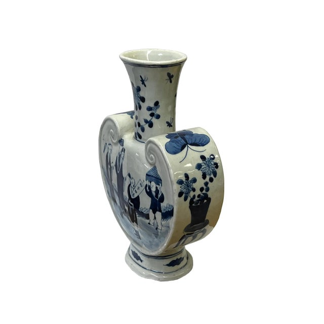 Chinese Chinese Blue White Porcelain Ru Yi Flat Body People Theme Vase For Sale - Image 3 of 6