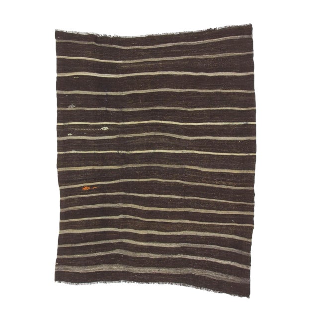 1960s Vintage Striped Brown Kilim Rug- 6′7″ × 8′8″ For Sale