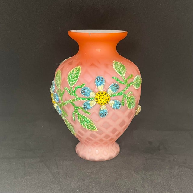 Antique Victorian Pink Satin Art Glass Vase Coralene Floral Bee Butterfly 6” For Sale - Image 4 of 10
