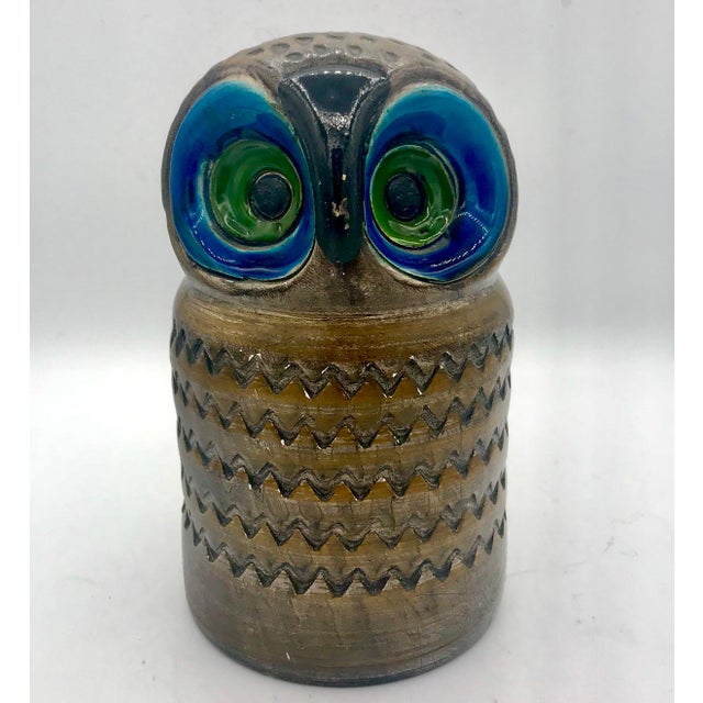 Charming and distinctive mid-century Italian ceramic owl designed by Aldo Londi for Bitossi, circa 1960s, and associated...