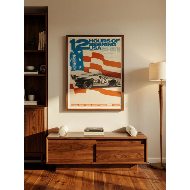 This original 1971 Porsche poster celebrates the brand's participation in the 12 Hours of Sebring in the USA. Designed by...