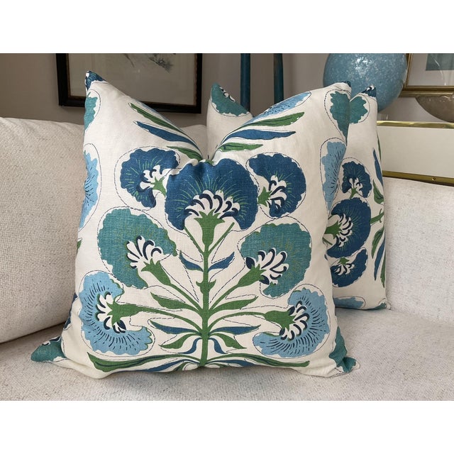 Mid-Century Modern Thibaut “Tybee Tree” in Green and Blue Floral Down-Filled 18" Pillow - Single For Sale - Image 3 of 4