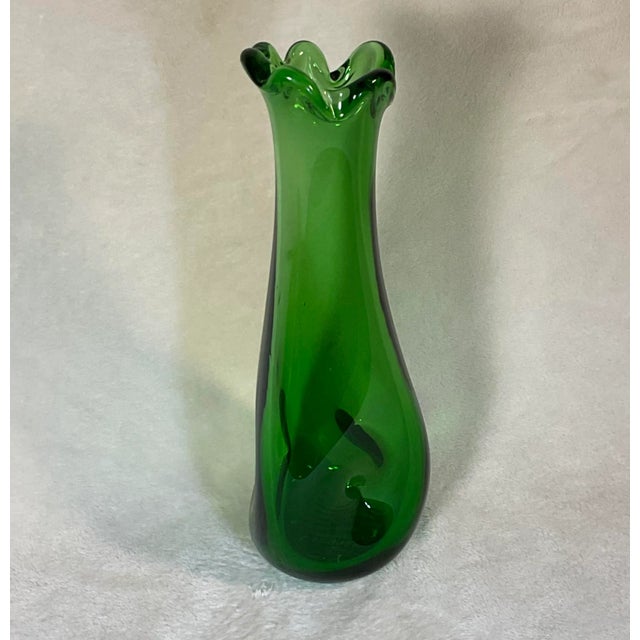 Vintage MCM Handmade Green Swung Dimple Vase Glass Art For Sale - Image 10 of 12