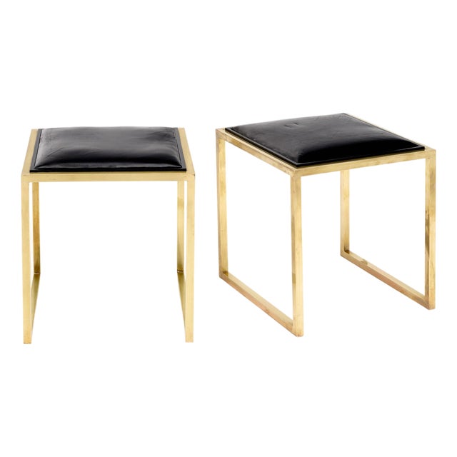 Modernist, French Vintage Stools, Brass and Leather For Sale
