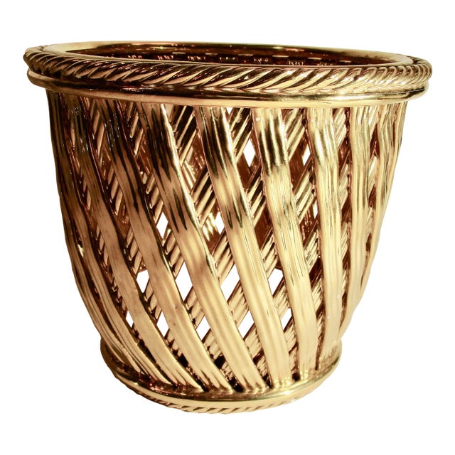 Italian Mid Century Gilt Porcelain Woven Basket For Sale