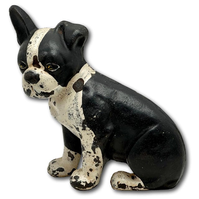 Metal Hard 2 Find Vintage 1930s "Wedge" Type Cast Iron Boston Terrier Puppy Dog Doorstop by Spencer Guillford For Sale - Image 7 of 12