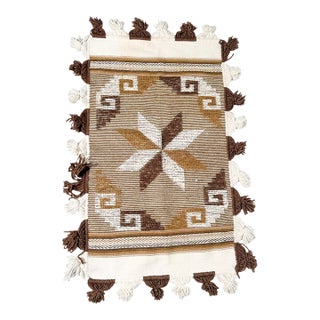 Vintage 1970s Brown & Cream Geometric Woven Southwesters Boho Wall Hanging With Oversized Tassels For Sale