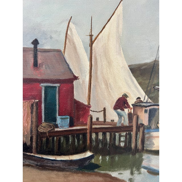 The Red Boat House, Fishing Boats, New England Harbor Painting, Unframed by Reams For Sale In Tampa - Image 6 of 9