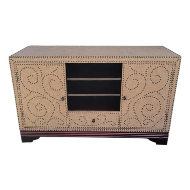 Vintage Textured Tan Linen Covered Studded British Baker Style Colonial Storage Tv Stand Cabinet For Sale