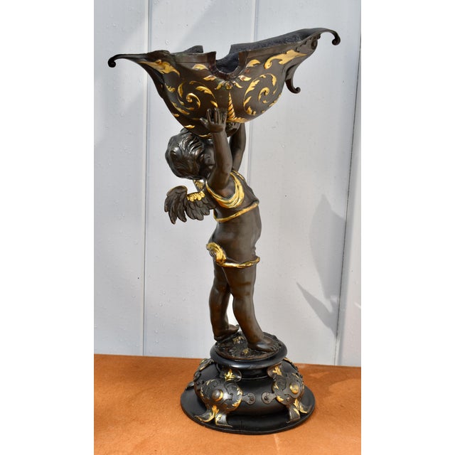 Antique Gilt Bronze Cherub Figure Holding Shell Form Centerpiece Bowl For Sale - Image 16 of 18